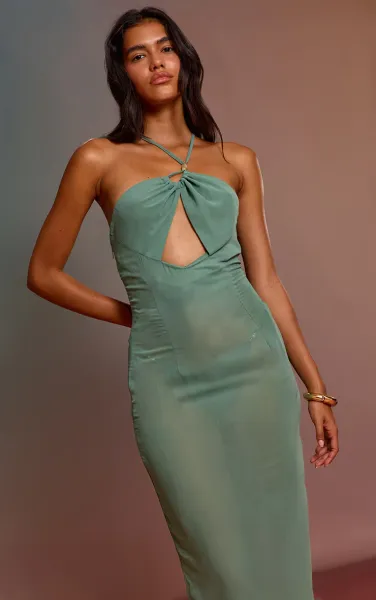Sage Chiffon Bead Trim Cut Out Maxi Beach Dress
