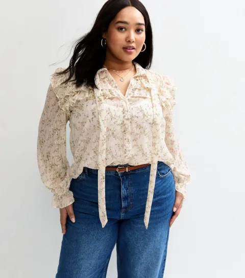 Plus Size White Floral Print Ruffle Trim Blouse Curves