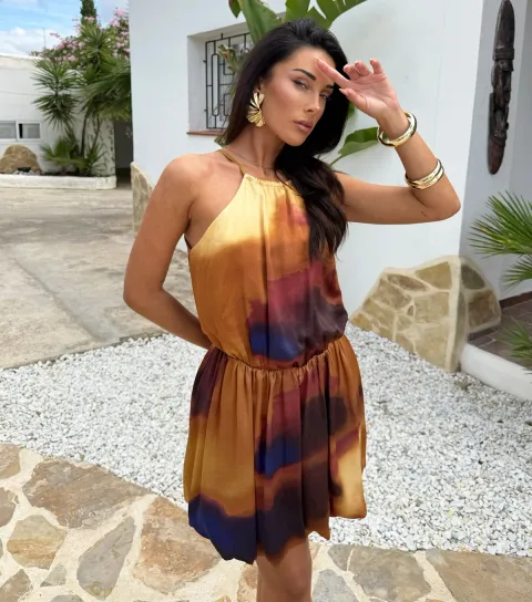 Brown Smudge Print Bubble Hem Mini Dress