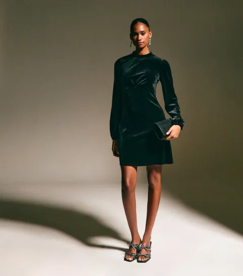 Black Velvet High Neck Long Sleeve Mini Dress