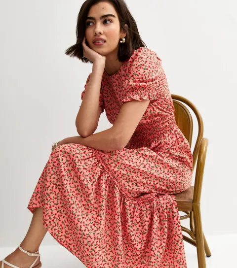 Pink Floral Short Sleeve Tiered Midi Dress