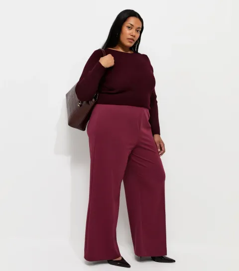 Plus Size Dark Burgundy Jersey Wide Leg Trousers Curves