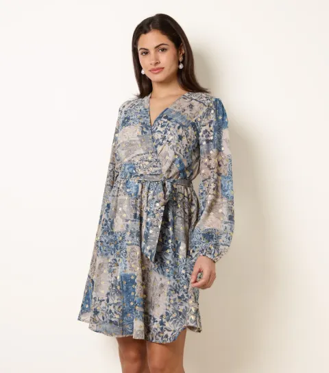 Blue Floral Foil Patchwork Print Mini Dress