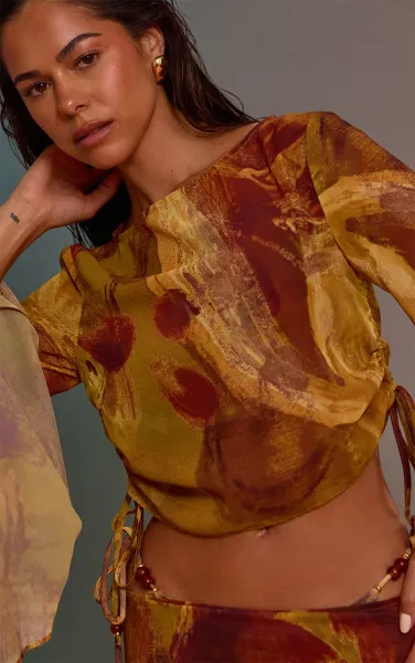 Green Abstract Print Bead Trim Chiffon Beach Top