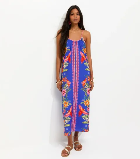 Blue Parrot Print Crepe Cami Midi Dress