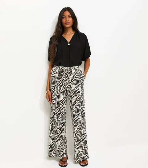 Brown Zebra Print Crinkle Texture Wide Leg Trousers
