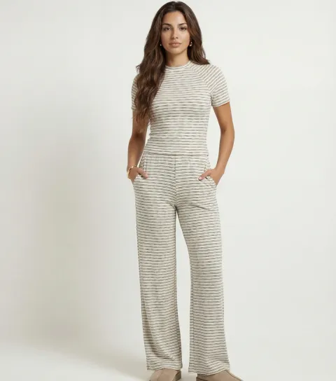 Cream Striped Jersey Wide Leg Trousers