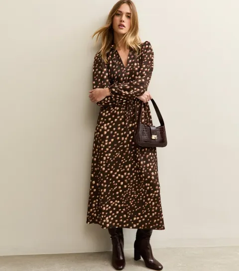 Brown Crinkle Texture Printed Midi Shirt Dress