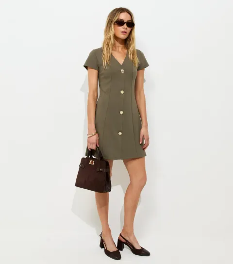 Dark Khaki Cotton Rich Golden Button Ponte Mini Dress