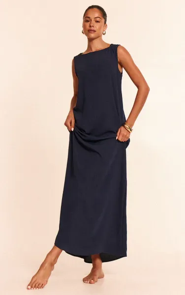 Navy Floaty Woven Boat Neck Maxi Beach Dress