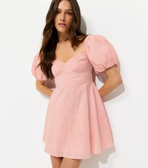 Petite Light Pink Floral Embroidery Puff Sleeve Mini Dress