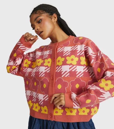 Orange Floral Check Oversized Cardigan