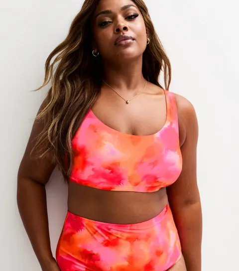 Plus Size Pink Floral Print Bikini Crop Top Curves