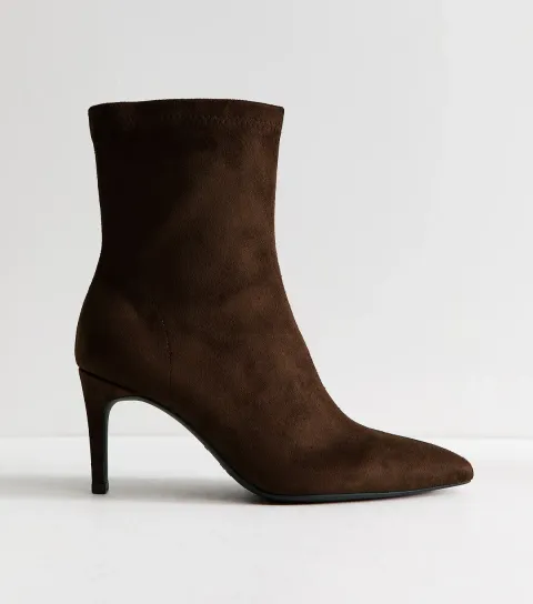 Dark Brown Faux Suede Pointed Sock Stiletto Ankle Boots Vegan