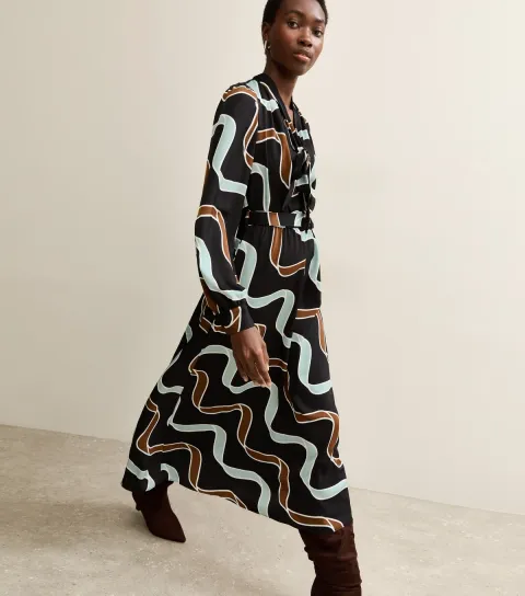 Tall Black Ribbon Print Long Sleeve Midi Dress