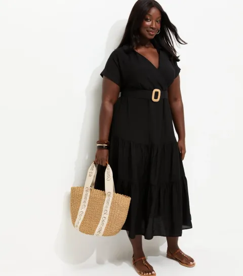 Plus Size Black Tiered Shirt Raffia Belt Midi Dress Curves