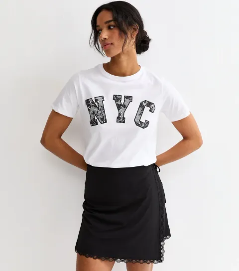 White Cotton Lace NYC Logo T-Shirt
