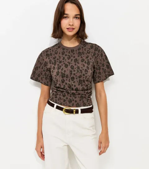 Brown Cotton Leopard Print Corset Waist T-Shirt