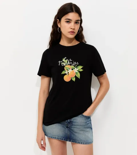 Black Cotton Orange Print Relaxed Fit T-Shirt