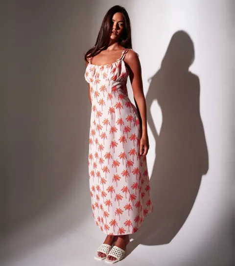 White Palm Tree Print Maxi Dress