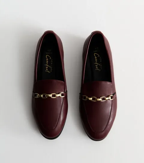 Wide Fit Dark Burgundy Faux Leather Chain Trim Loafers Vegan