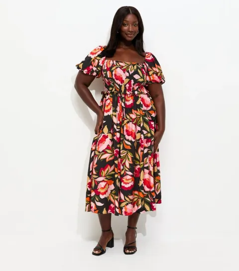Plus Size Black Floral Print Milkmaid Midi Dress Curves