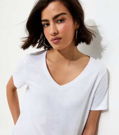 Premium White Linen Rich V Neck T-Shirt