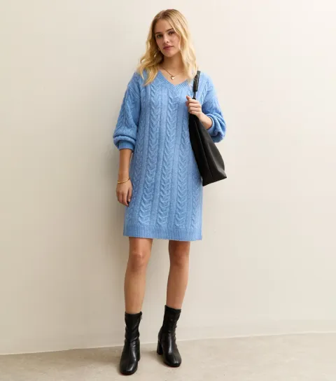 Mid Blue Cable Knit Jumper Dress