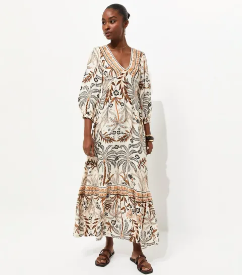 Cream Lotus and Palm Tree Print Midi Dress
