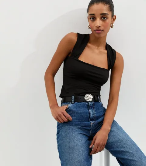 Black Square Neck Slinky Vest Top