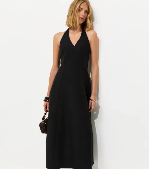 Black Halter Neck Cotton Rich Midi Dress