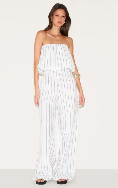 Stone Stripe Cotton Puffball Bandeau Straight Leg Jumpsuit