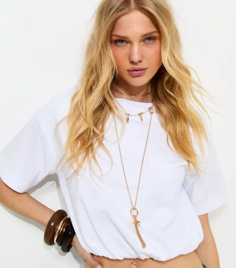 White Cropped Bubble Hem T-Shirt