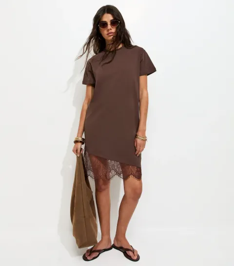 Dark Brown Cotton Asymmetric Lace Hem Mini Dress