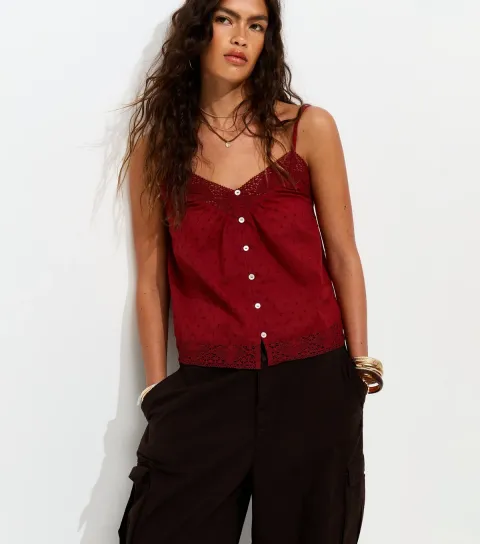 Rust Cotton Dobby Texture Lace Trim Cami Top