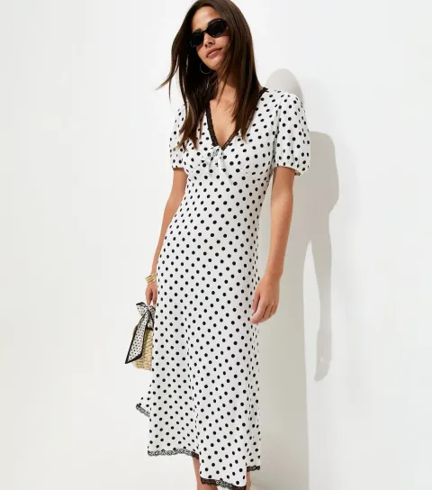 Cream Polka Dot Short Sleeve Midi Dress
