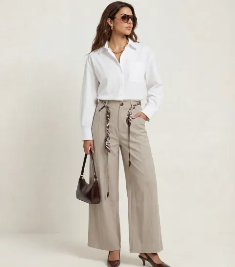 Light Grey Belted Wide Leg Trousers