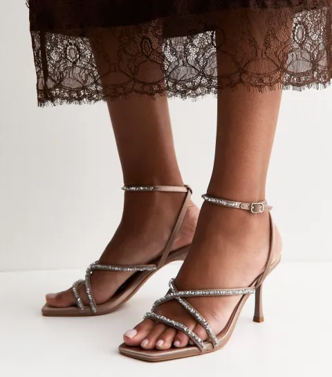 Light Brown Beaded Strap Stiletto Sandals Vegan