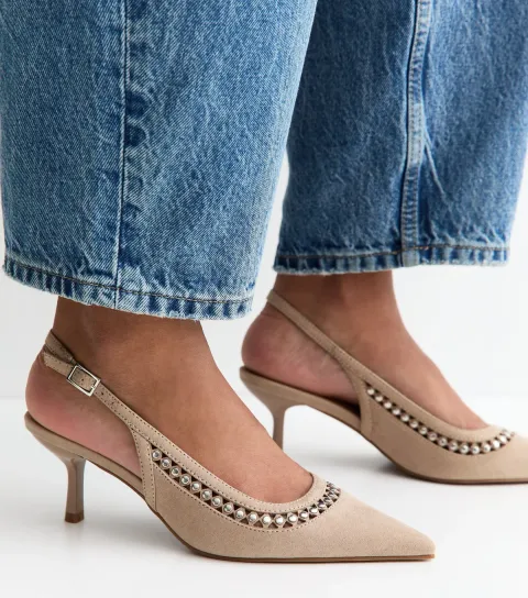 Light Brown Faux Suede Studded Slingback Court Shoes Vegan