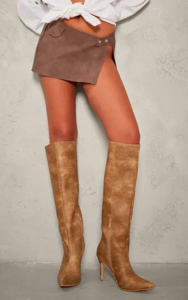 Tan Distressed Pu Point Toe Knee High Heeled Boots
