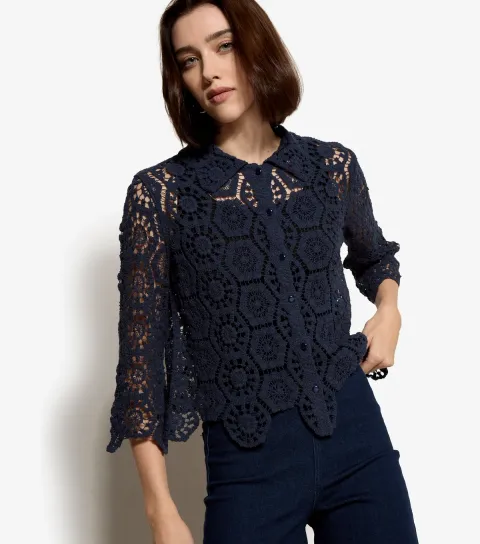 Navy Crochet Shirt Top