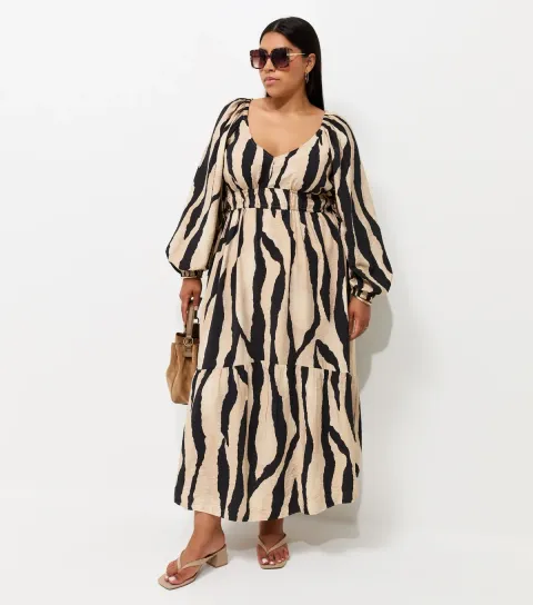Plus Size Brown Abstract Print Smock Dress Curves