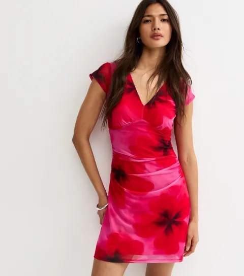 Red Large Floral Print V-Neck Mesh Mini Dress