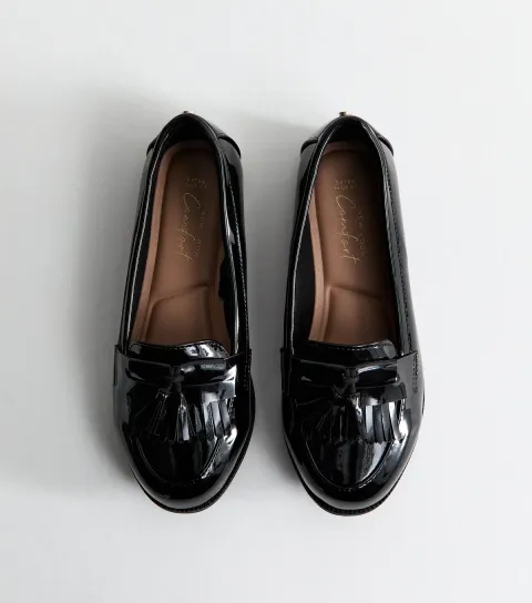 Extra Wide Fit Black Patent Faux Leather Tassel Loafers Vegan