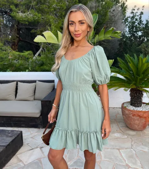 Mint Green Puff Sleeve Frill Hem Mini Dress