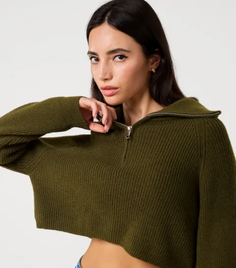 Dark Khaki Half Zip Knit Jumper
