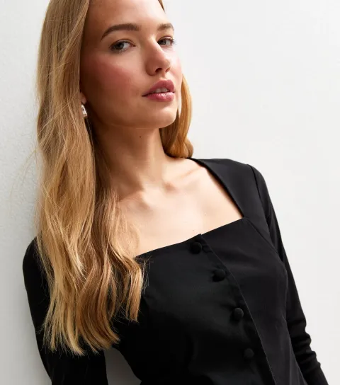 Black Square Neck Button Up Long Sleeve Top