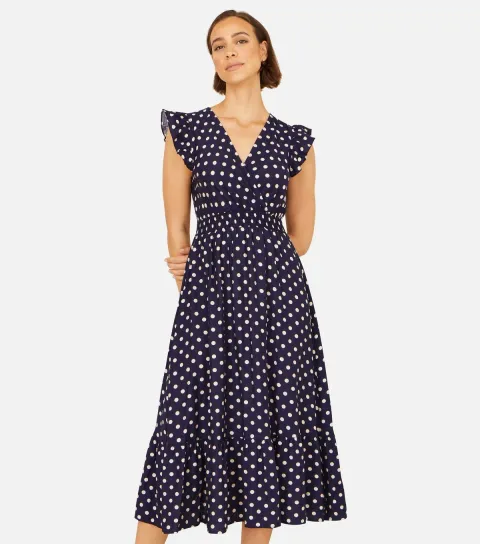 Navy Spot Print Ruched Midi Dress