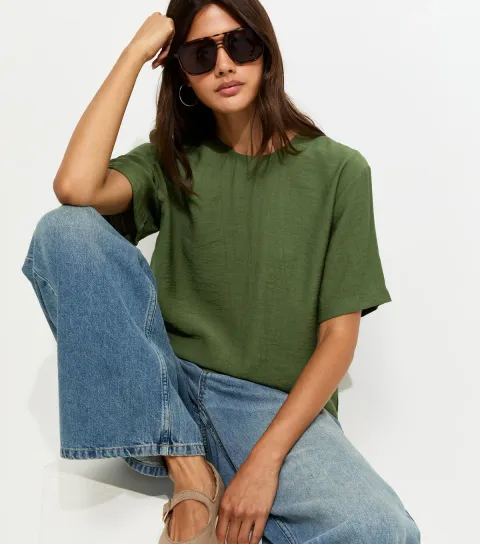 Dark Khaki Woven Short Sleeve T-Shirt