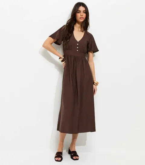 Brown Frill Sleeve V Neck Midi Dress